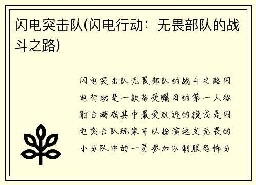 闪电突击队(闪电行动：无畏部队的战斗之路)